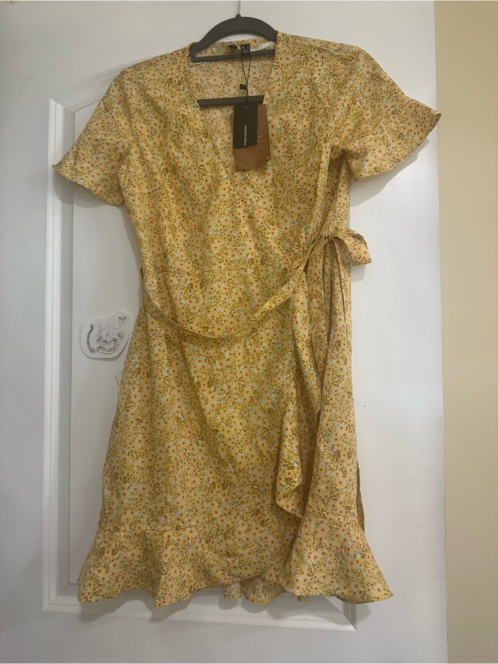 Yellow Floral Wrap Dress with Ruffle Hem